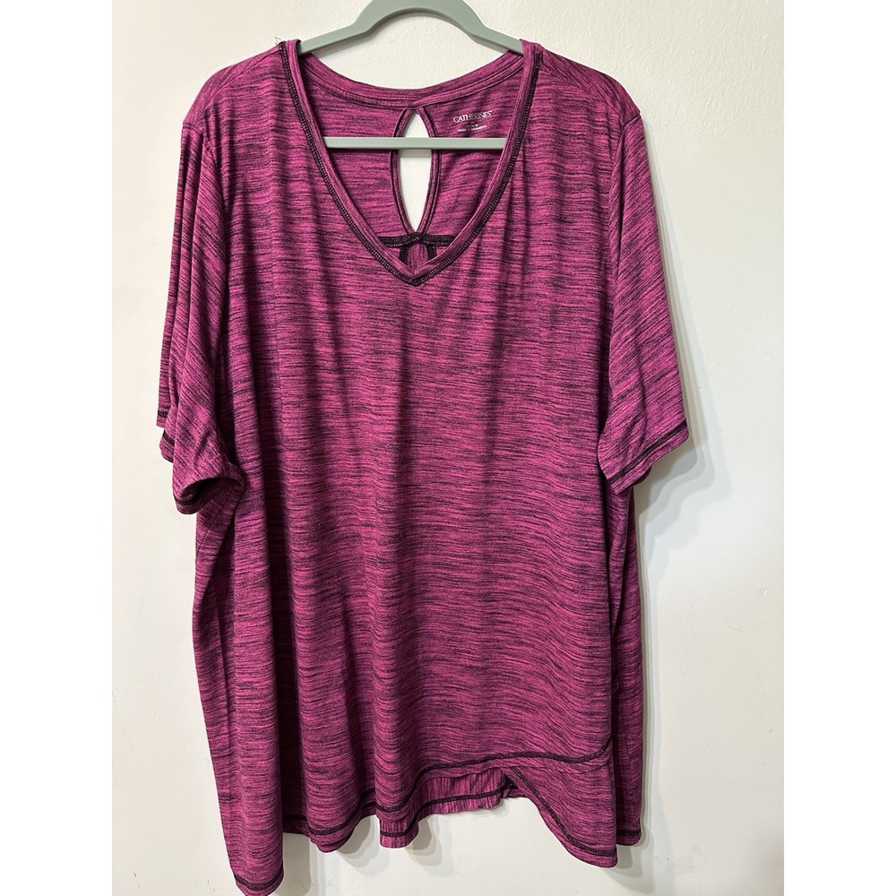 Catherines Women 5X 34/36W Pink Space Dye Top Short Sleeve V-Neck Keyhole Back